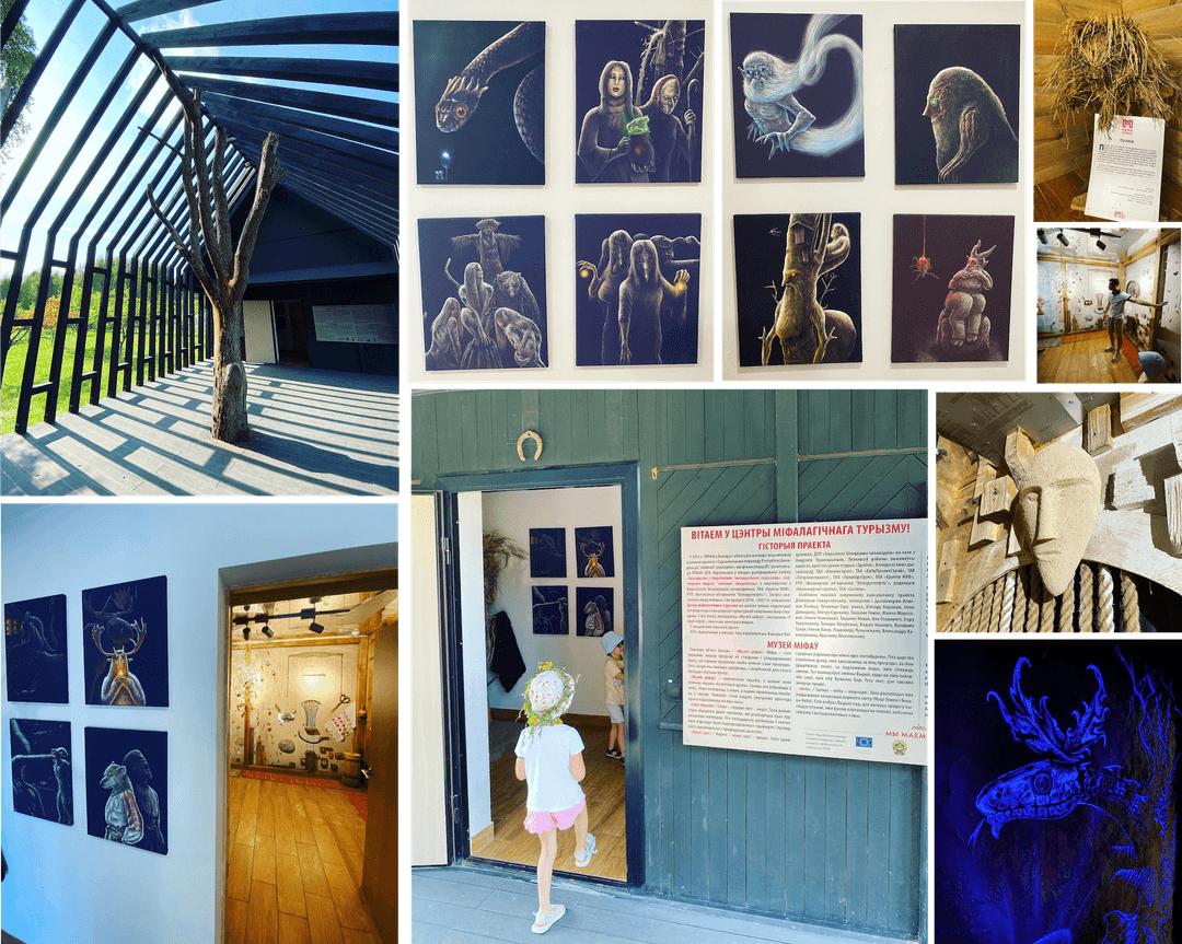 Art gallery exhibition featuring fantasy illustrations and mythological characters