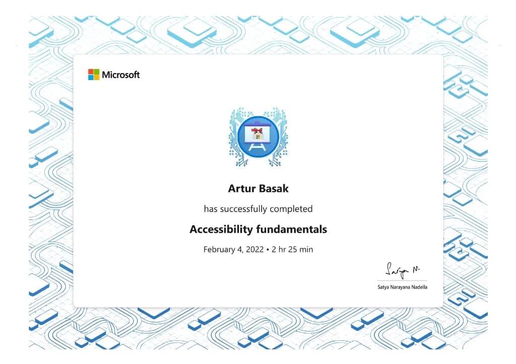 Certificate of Completion for Artur Basak: Accessibility in JavaScript Applications from Frontend Masters, completed March 31, 2020