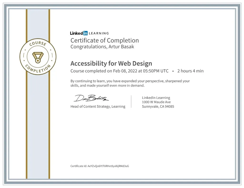 Certificate of Completion for Artur Basak: Responsive Web Typography v2 from Frontend Masters, completed April 15, 2020