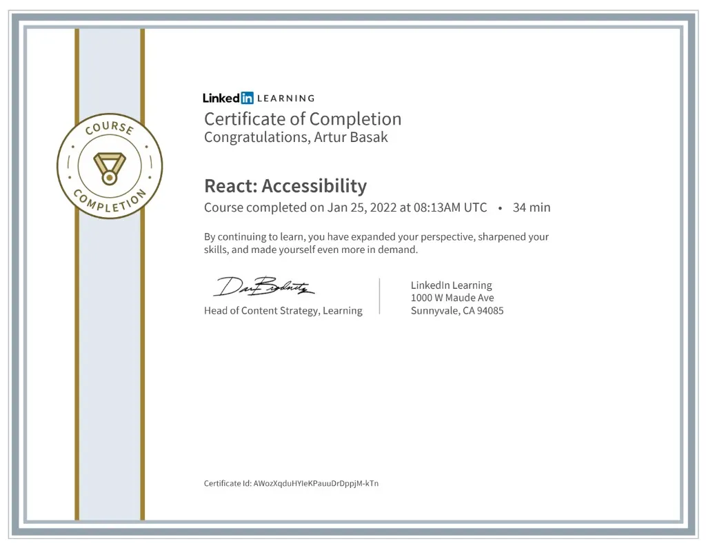 LinkedIn Learning certificate for Artur Basak: Simplifying Web Development with Accessibility Best Practices, completed February 3, 2022