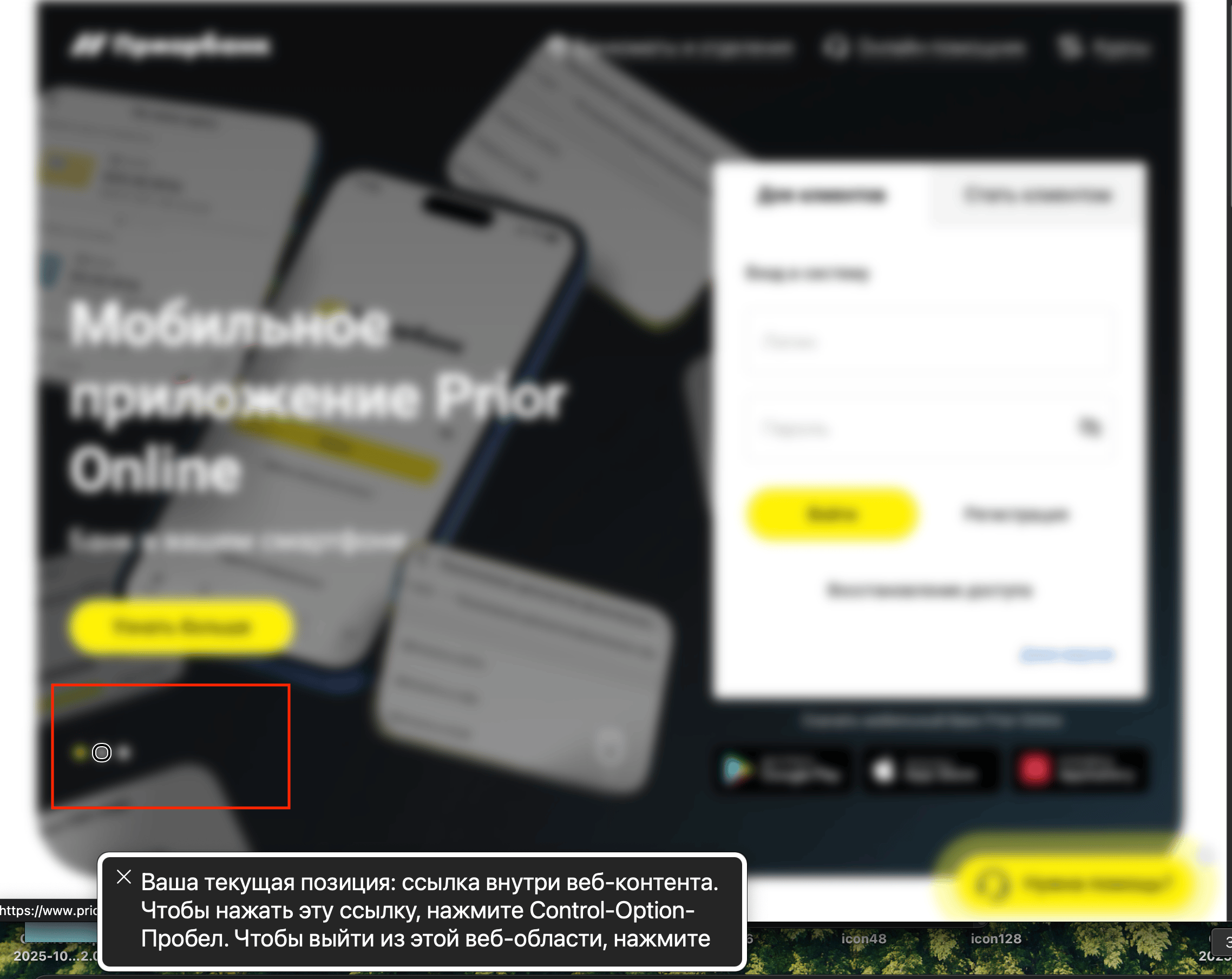 Фокус на контролах управления каруселью в включенным VoiceOver