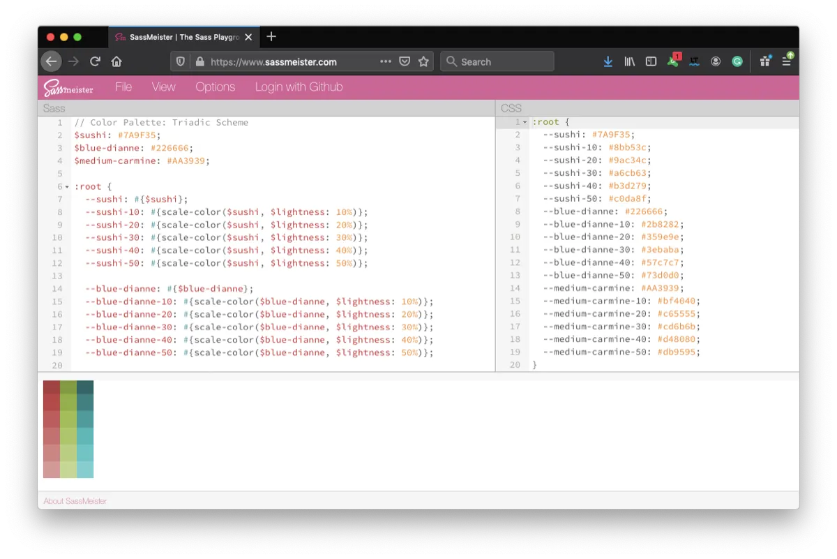 SCSS palette tones on SassMeister