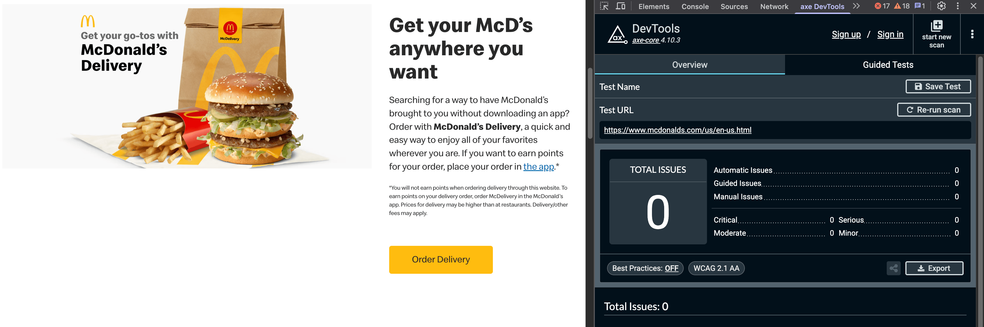 Проверка McDonald's с axe DevTools