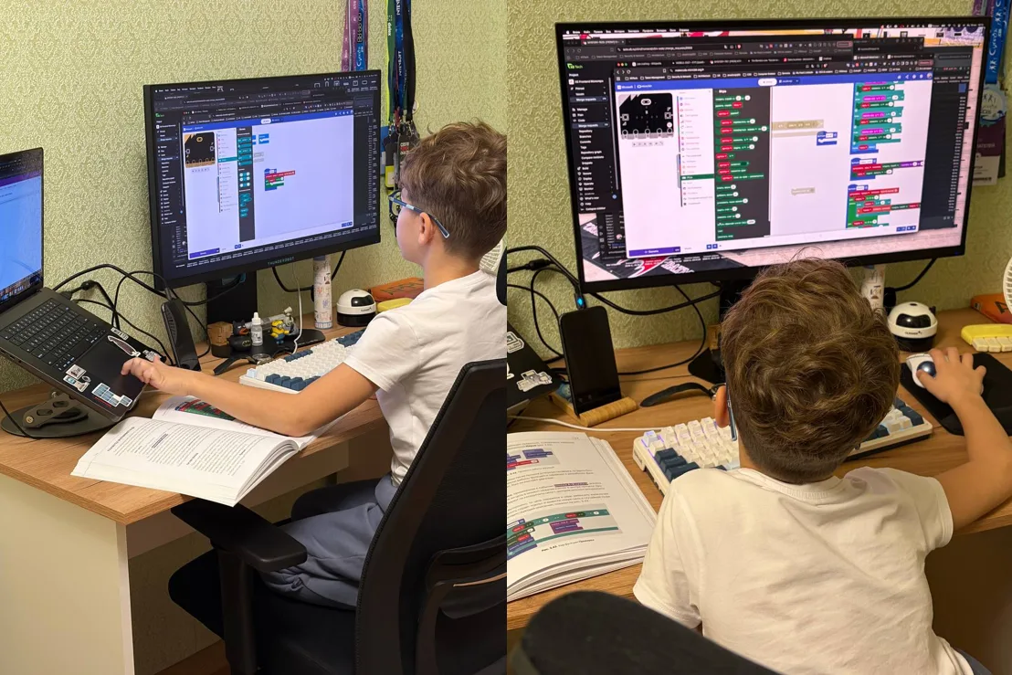 Сын собирает игру-стрелялку в MakeCode