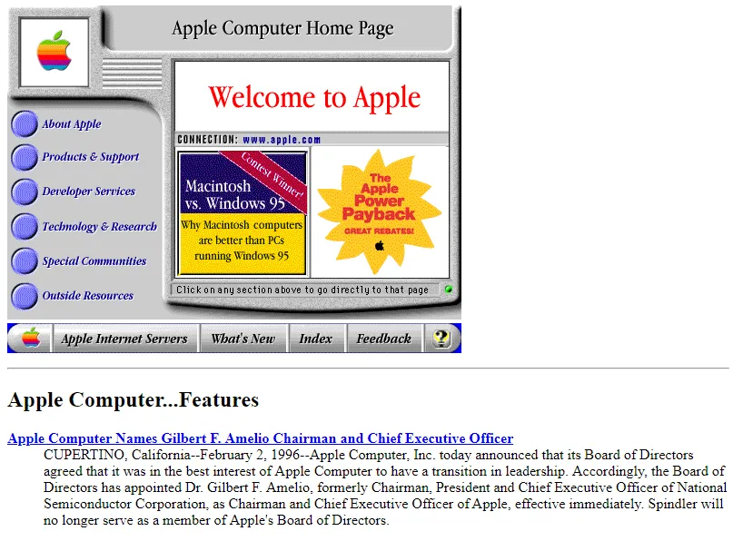 The Apple.com homepage in 1996