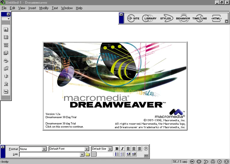 The Macromedia Dreamweaver 1.2 splash screen