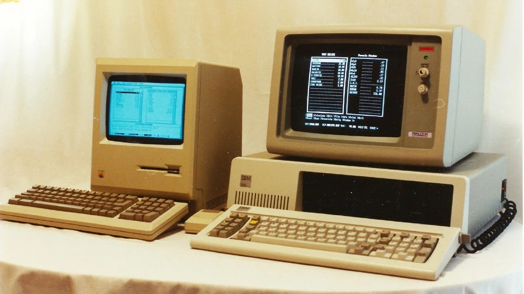Классический Apple Macintosh рядом с IBM PC, оба включены