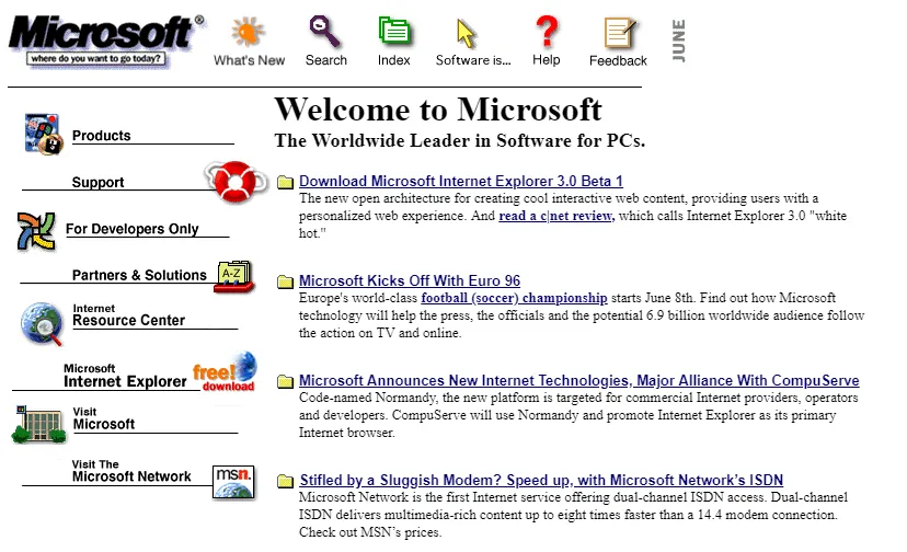 The Microsoft.com homepage in 1996