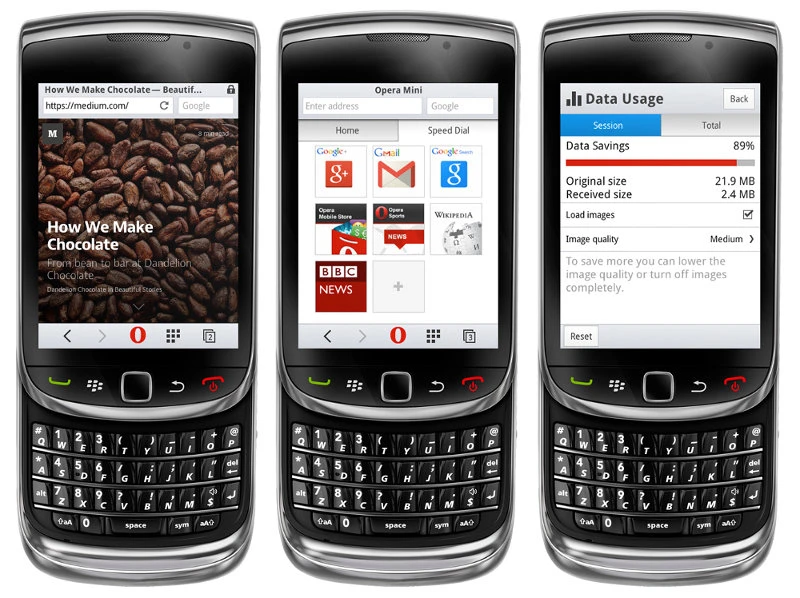 Три BlackBerry Torch с Opera Mini: статья, стартовый экран и экономия трафика 89%