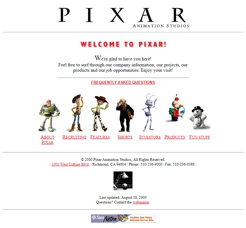 The Pixar website in 2000