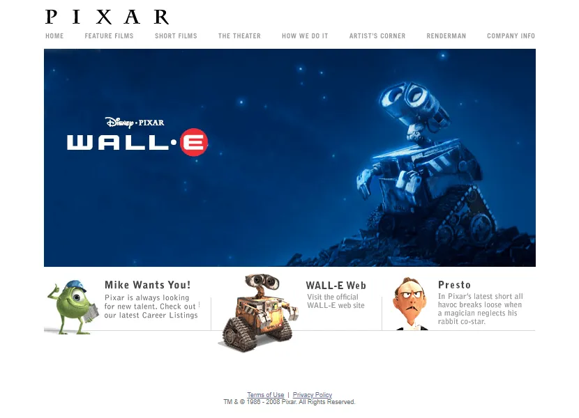 The Pixar website in 2008