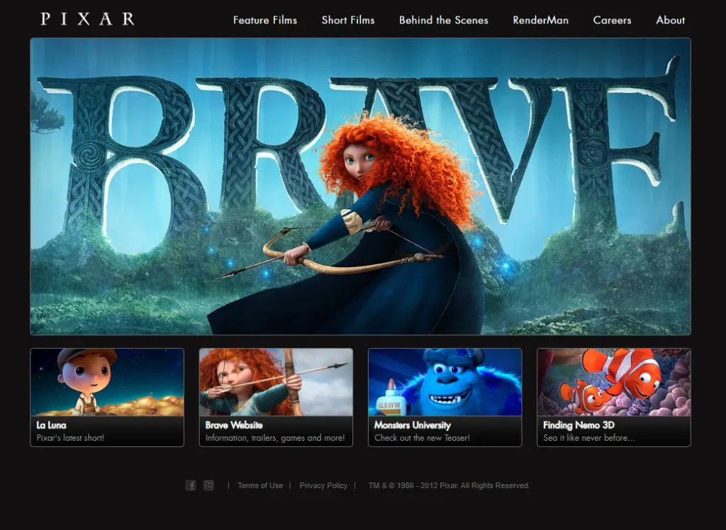 The Pixar website in 2012
