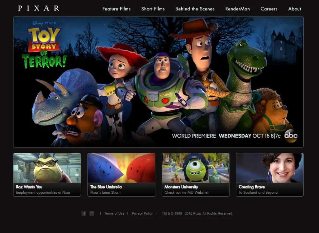 The Pixar website in 2013