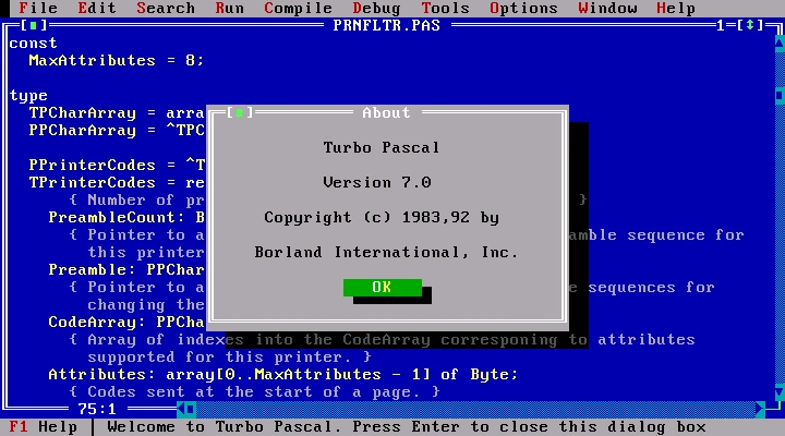 Среда Turbo Pascal 7.0: синий DOS-экран и диалог About