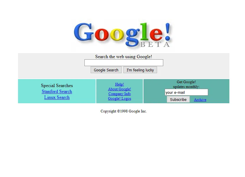 The Google Beta homepage in 1998