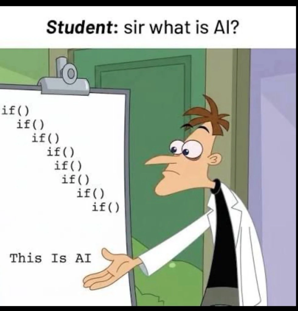 Мем: «What is AI?» — на доске вложенные if() и подпись This Is AI
