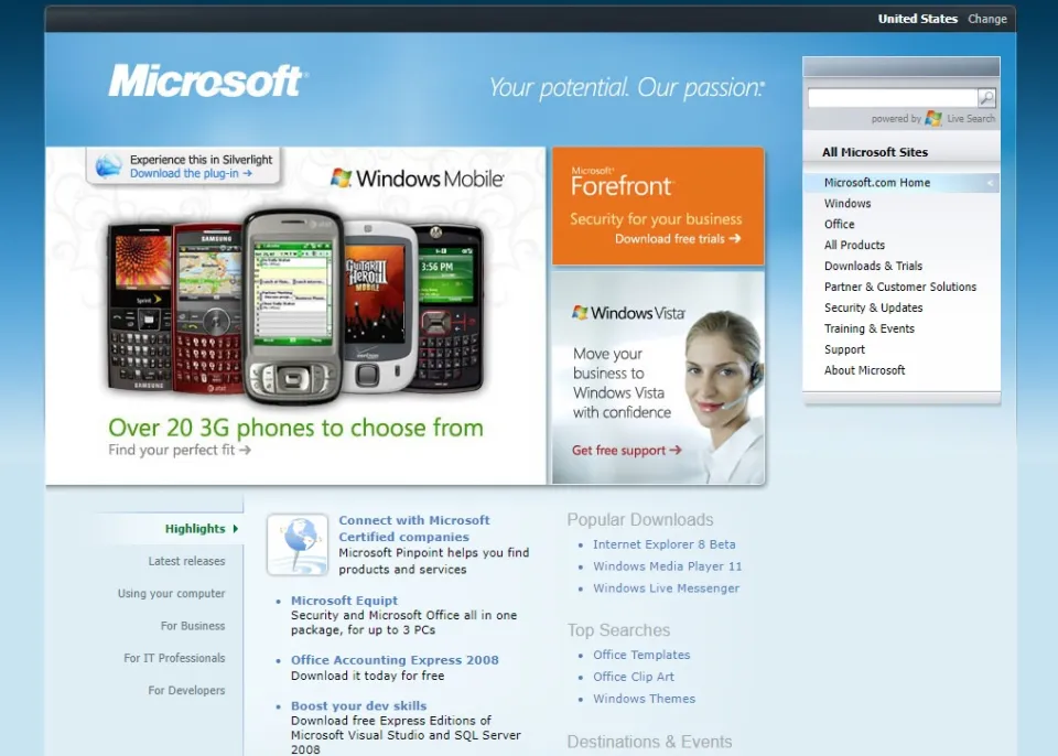 The Microsoft.com homepage in 2008, foregrounding the mobile push