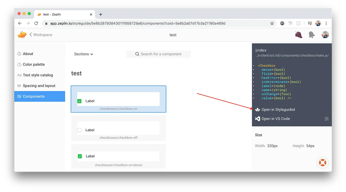 Component linked in Zeplin