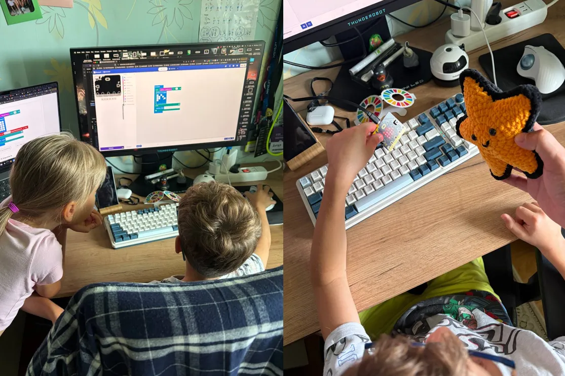 Дети на занятии do your :bit: micro:bit, ноутбук и рабочее место